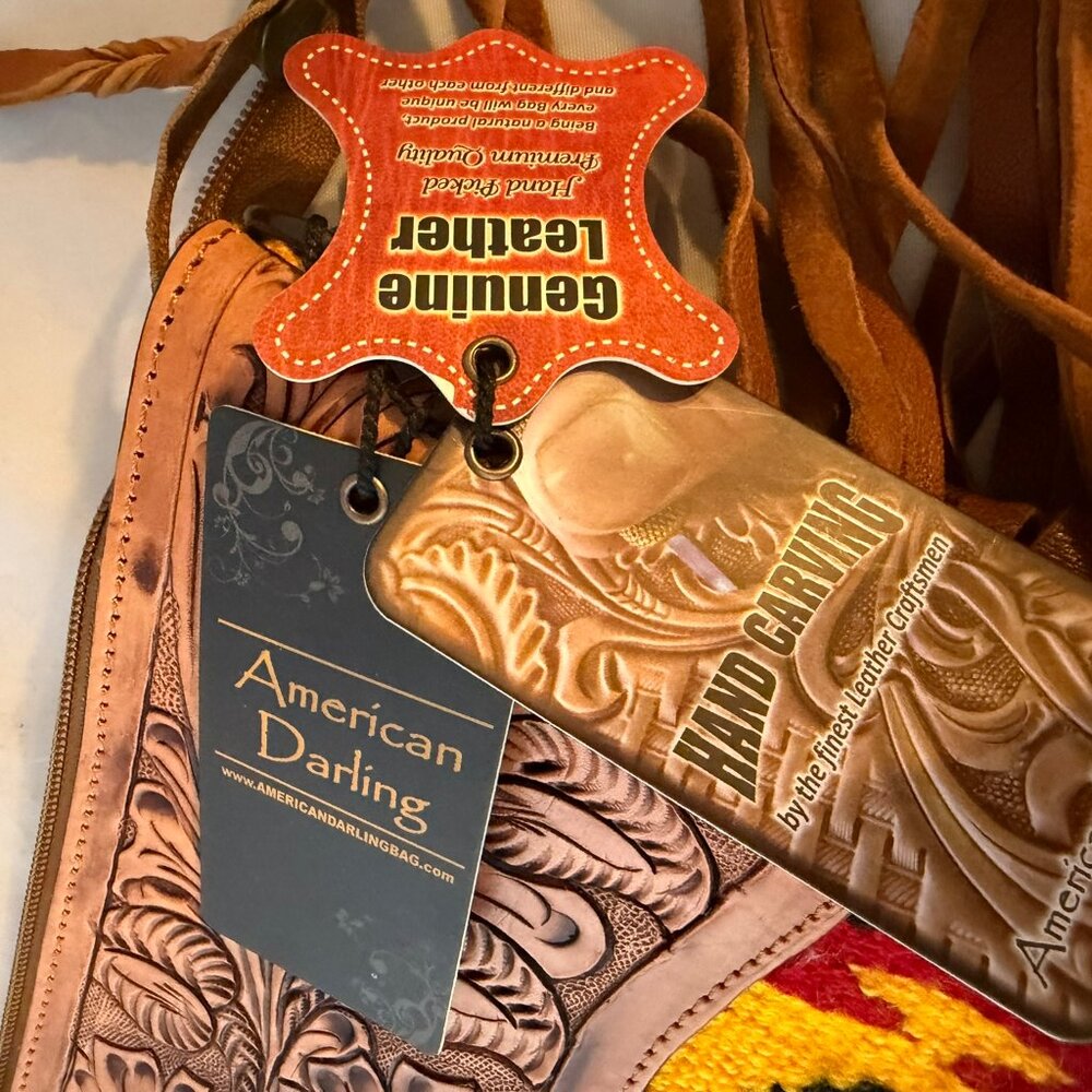 American Darling Southwestern Red Yellow Multi Crossbody Bag with Tan Leather - Picture 10 of 11